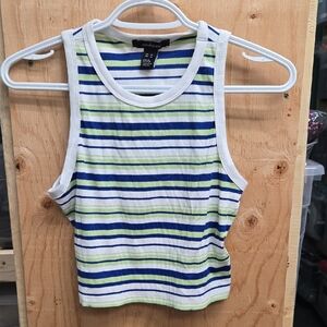 Ambiance Size M Blue White Green Striped Cropped Ribbed Tank Top